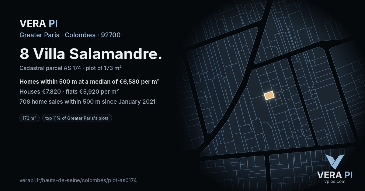 8 Villa Salamandre, Colombes at night – the plot lit, the parcels around coloured by the prices near them
