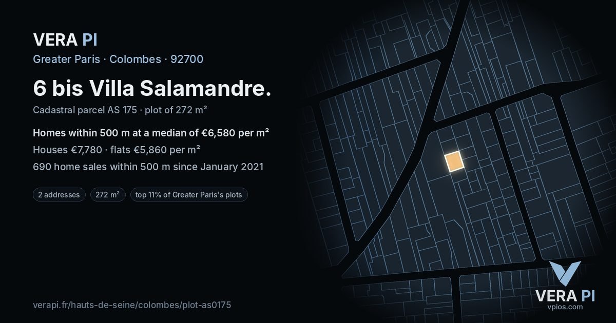 6 bis Villa Salamandre, Colombes at night – the plot lit, the parcels around coloured by the prices near them