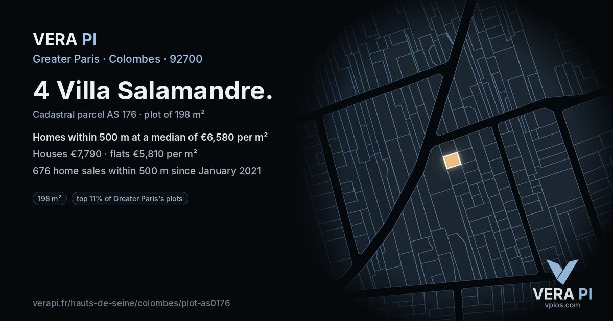4 Villa Salamandre, Colombes at night – the plot lit, the parcels around coloured by the prices near them
