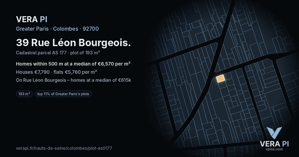 39 Rue Léon Bourgeois, Colombes at night – the plot lit, the parcels around coloured by the prices near them