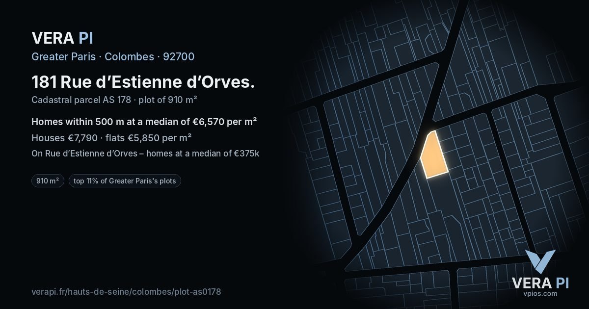 181 Rue d’Estienne d’Orves, Colombes at night – the plot lit, the parcels around coloured by the prices near them
