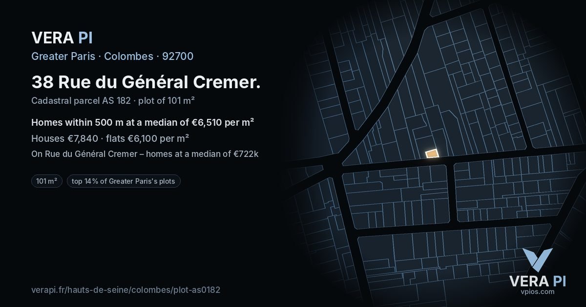 38 Rue du Général Cremer, Colombes at night – the plot lit, the parcels around coloured by the prices near them