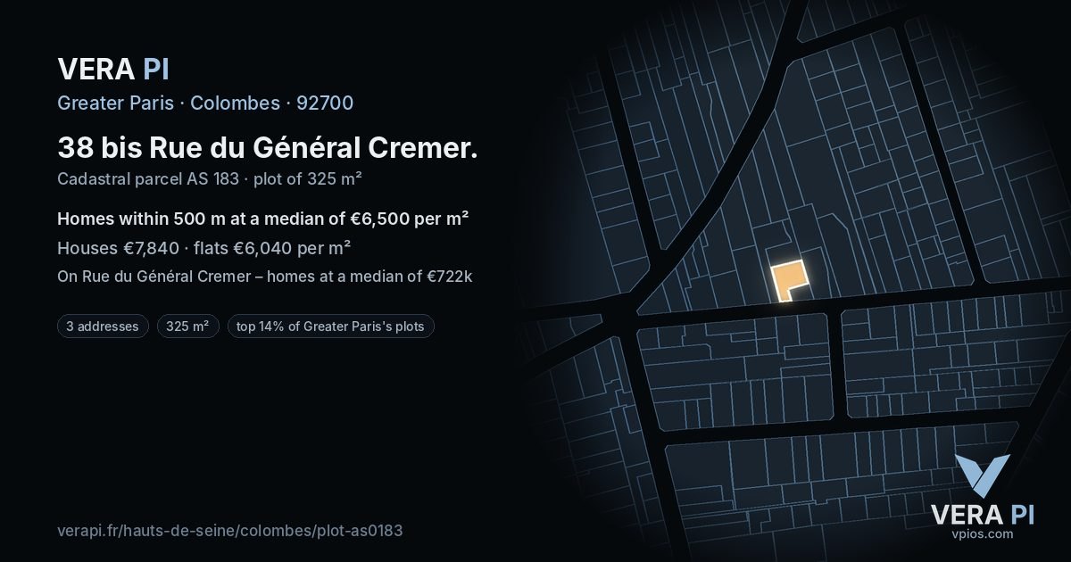 38 bis Rue du Général Cremer, Colombes at night – the plot lit, the parcels around coloured by the prices near them