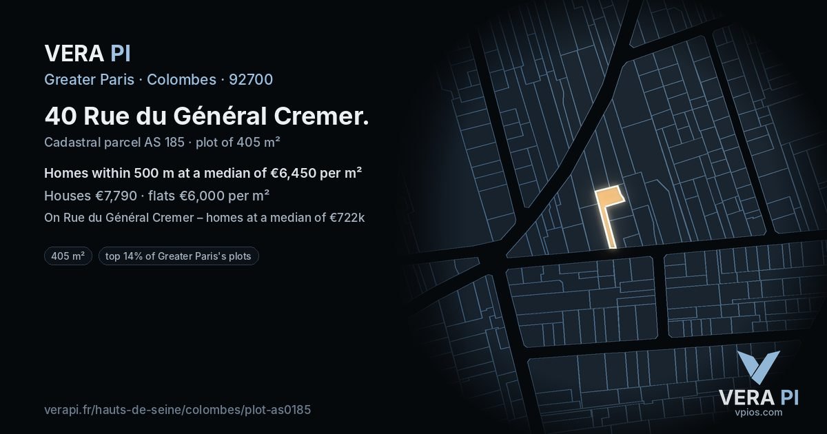 40 Rue du Général Cremer, Colombes at night – the plot lit, the parcels around coloured by the prices near them