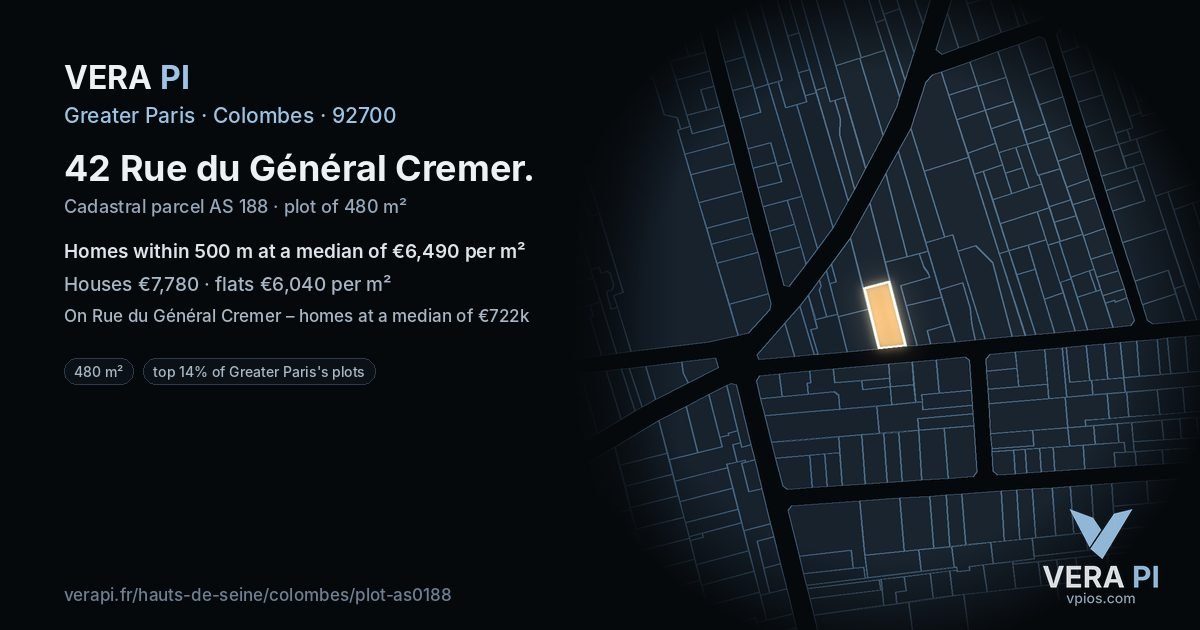 42 Rue du Général Cremer, Colombes at night – the plot lit, the parcels around coloured by the prices near them