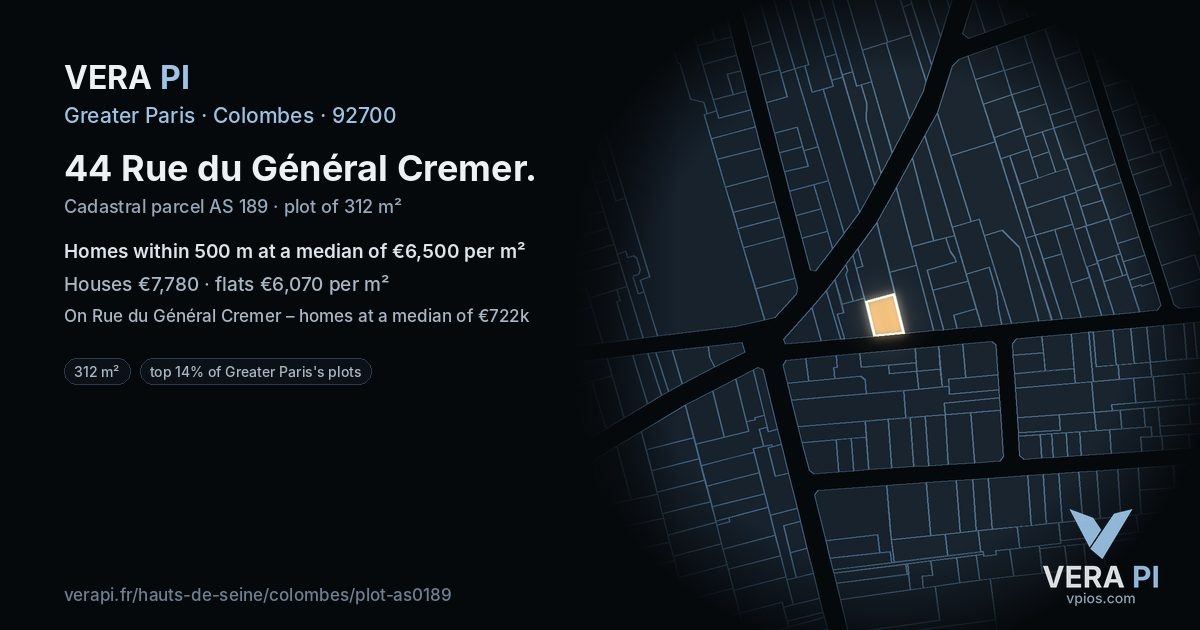 44 Rue du Général Cremer, Colombes at night – the plot lit, the parcels around coloured by the prices near them