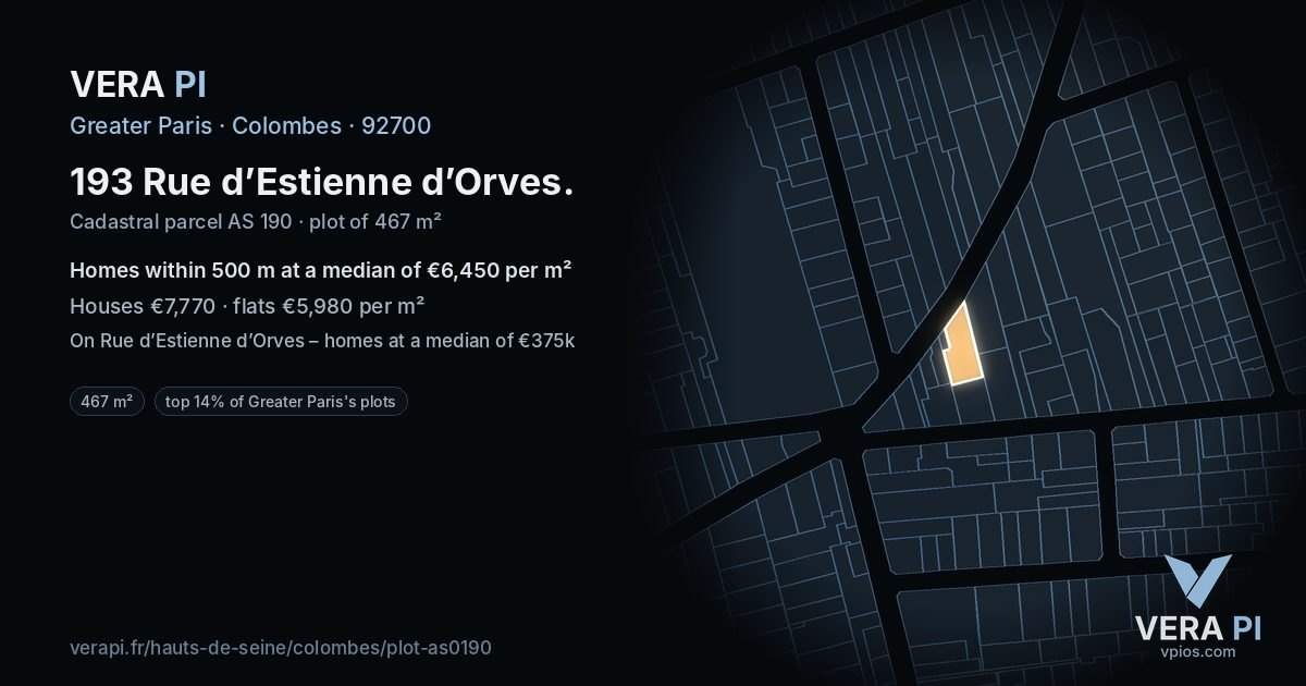 193 Rue d’Estienne d’Orves, Colombes at night – the plot lit, the parcels around coloured by the prices near them