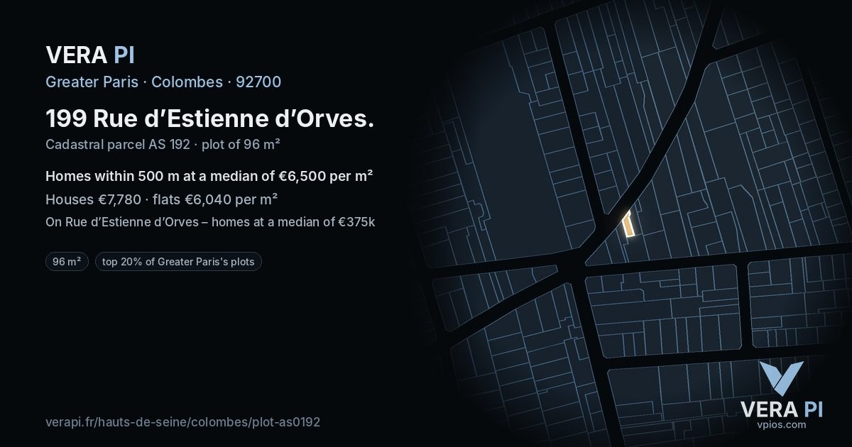 199 Rue d’Estienne d’Orves, Colombes at night – the plot lit, the parcels around coloured by the prices near them