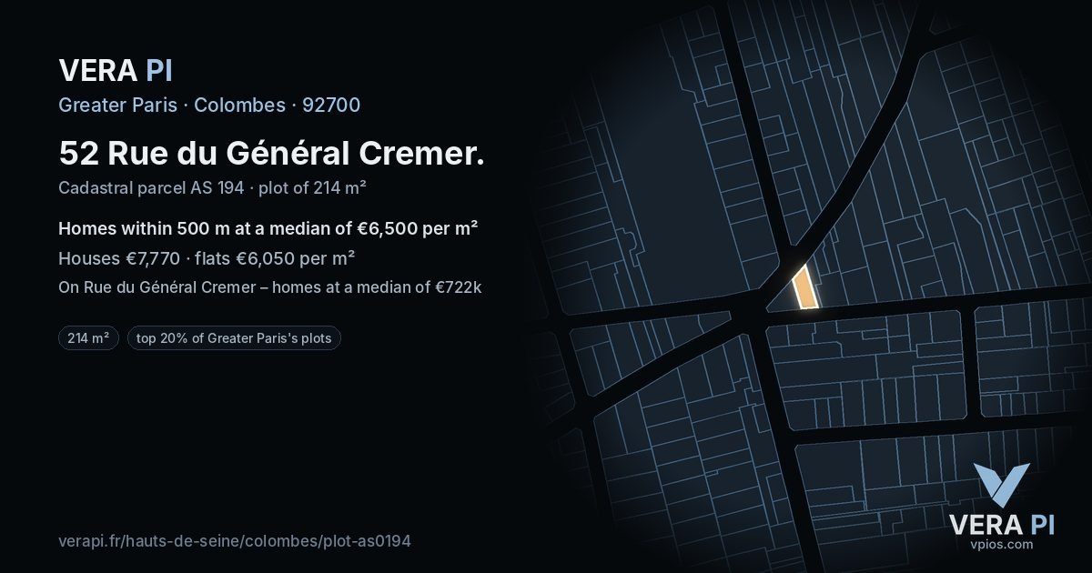 52 Rue du Général Cremer, Colombes at night – the plot lit, the parcels around coloured by the prices near them