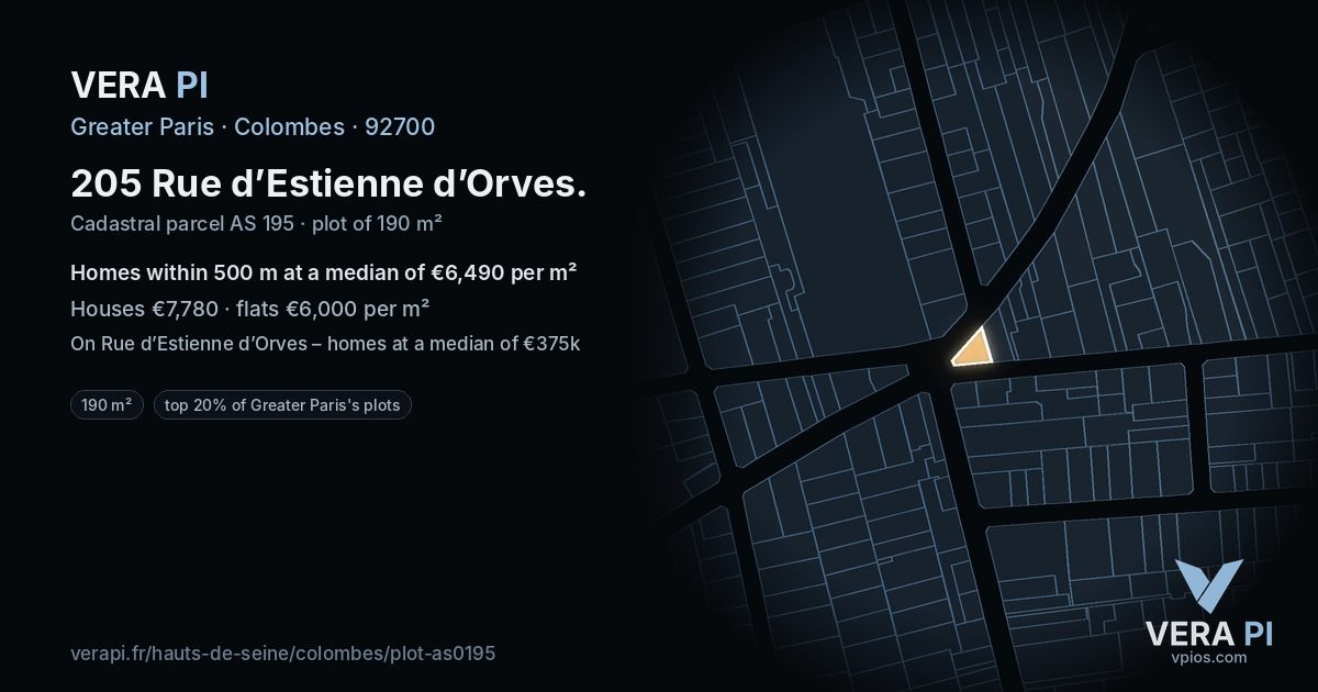 205 Rue d’Estienne d’Orves, Colombes at night – the plot lit, the parcels around coloured by the prices near them