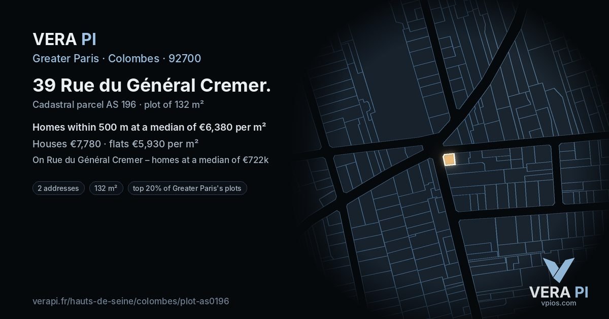39 Rue du Général Cremer, Colombes at night – the plot lit, the parcels around coloured by the prices near them