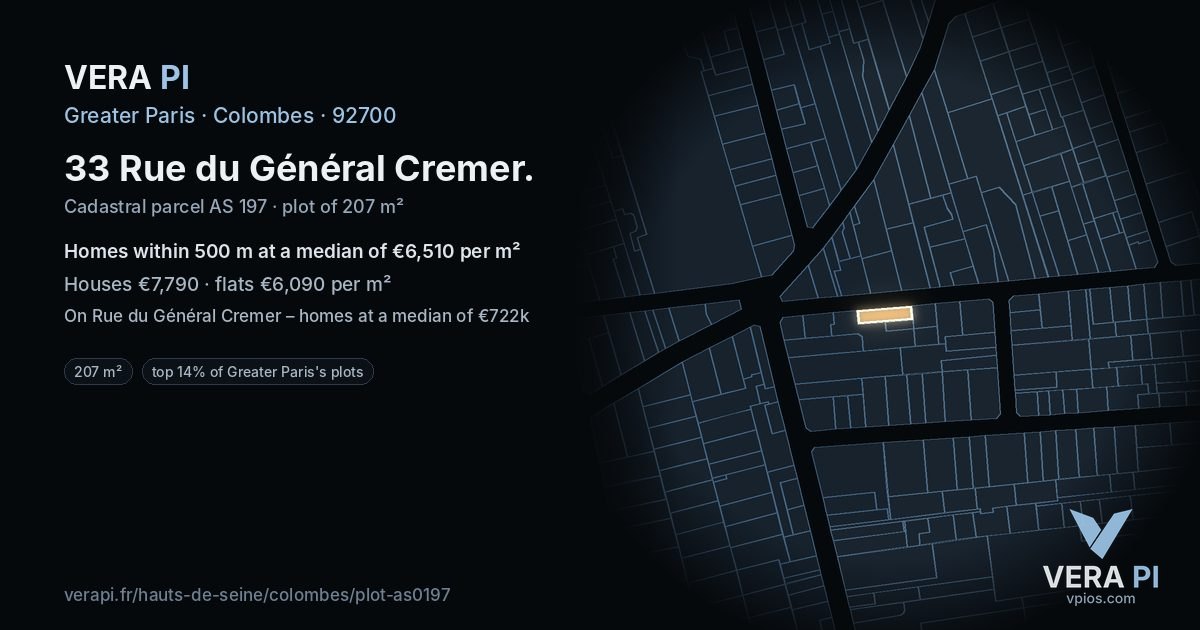 33 Rue du Général Cremer, Colombes at night – the plot lit, the parcels around coloured by the prices near them
