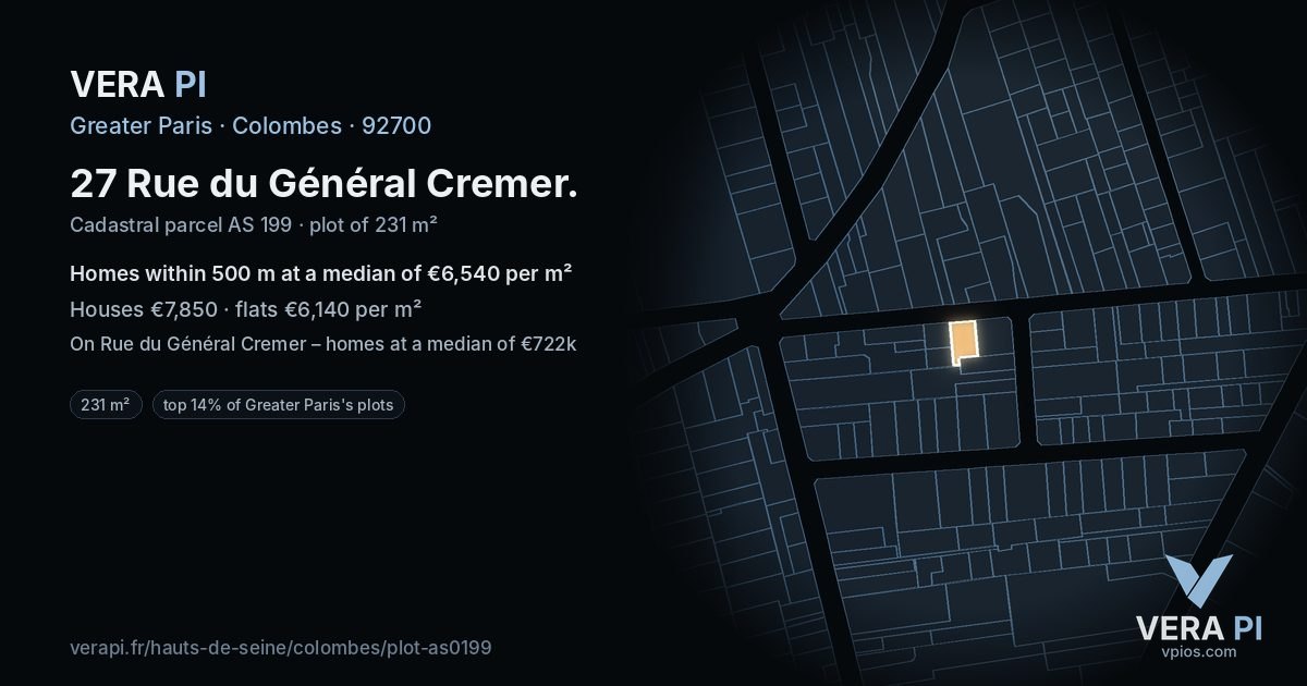 27 Rue du Général Cremer, Colombes at night – the plot lit, the parcels around coloured by the prices near them
