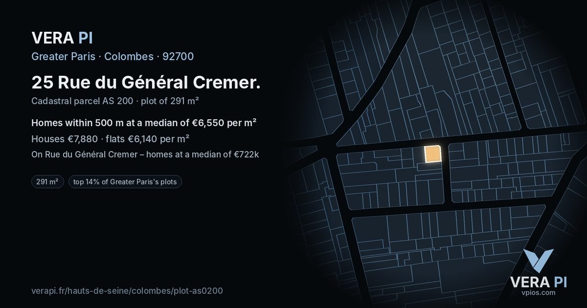 25 Rue du Général Cremer, Colombes at night – the plot lit, the parcels around coloured by the prices near them