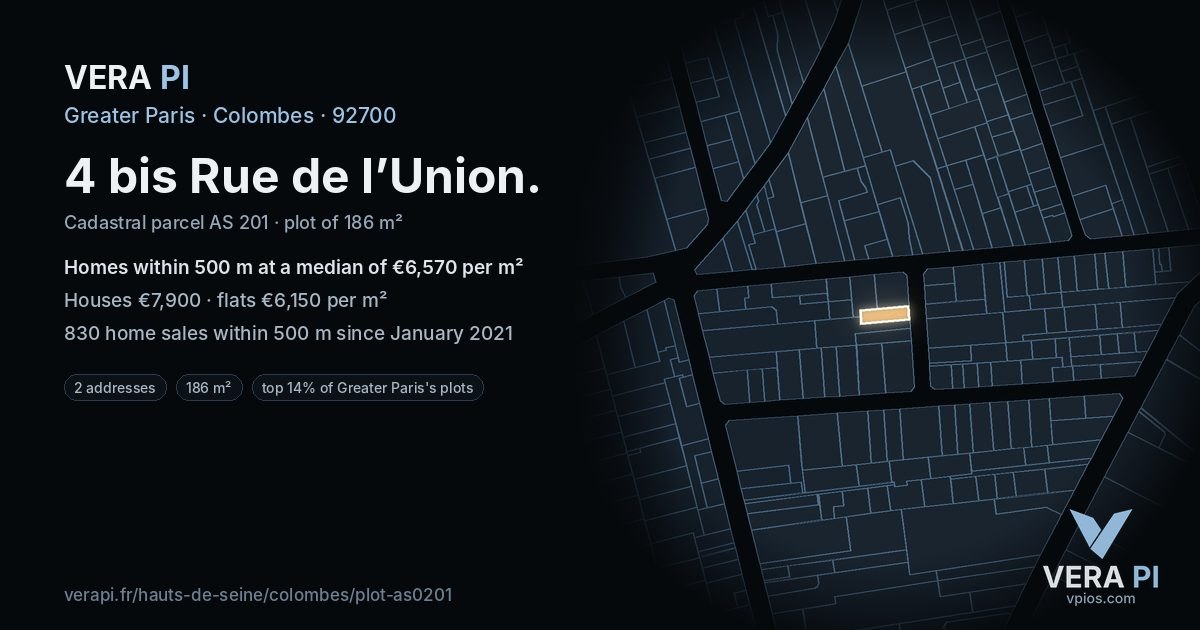 4 bis Rue de l’Union, Colombes at night – the plot lit, the parcels around coloured by the prices near them