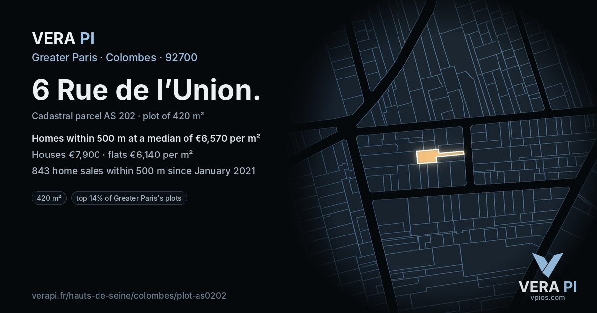 6 Rue de l’Union, Colombes at night – the plot lit, the parcels around coloured by the prices near them