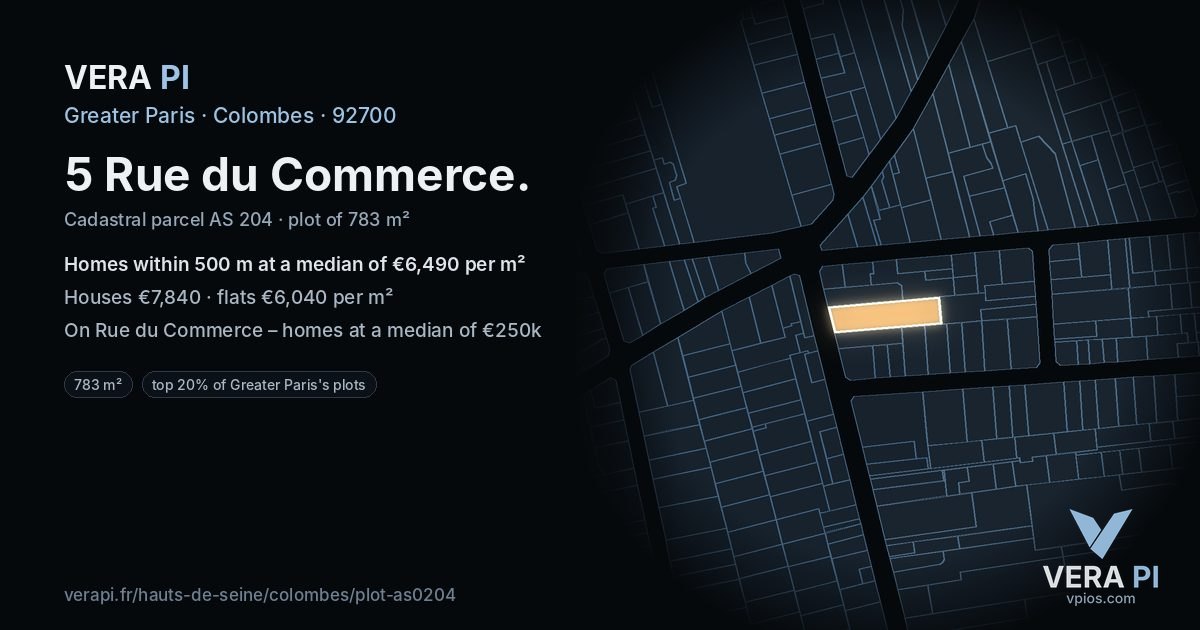 5 Rue du Commerce, Colombes at night – the plot lit, the parcels around coloured by the prices near them