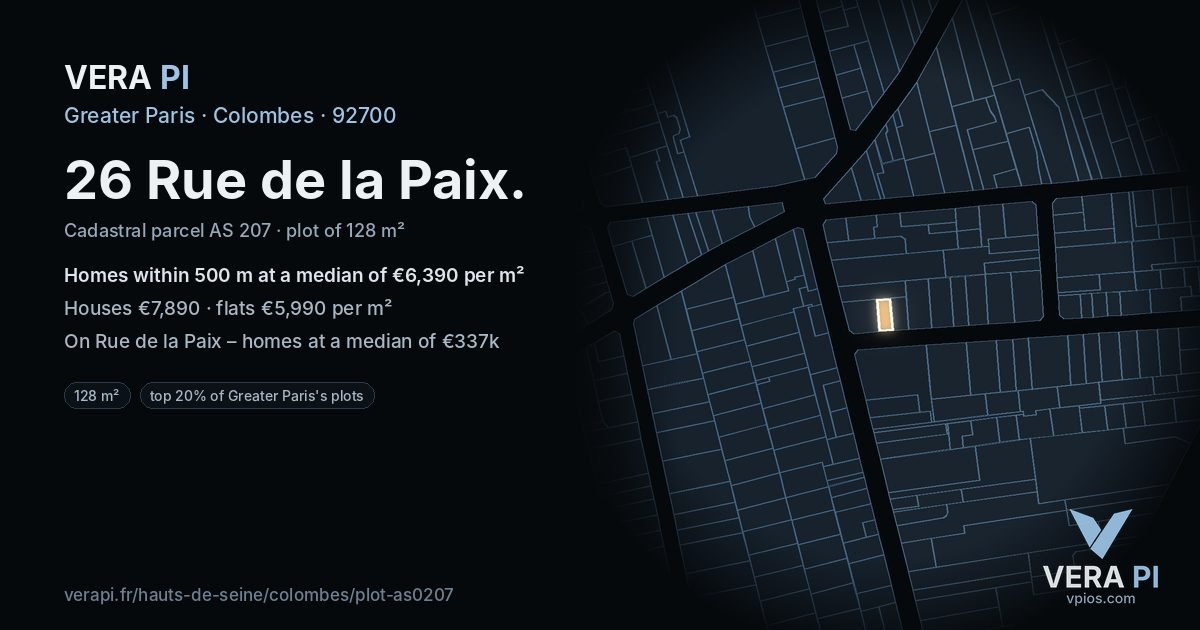 26 Rue de la Paix, Colombes at night – the plot lit, the parcels around coloured by the prices near them