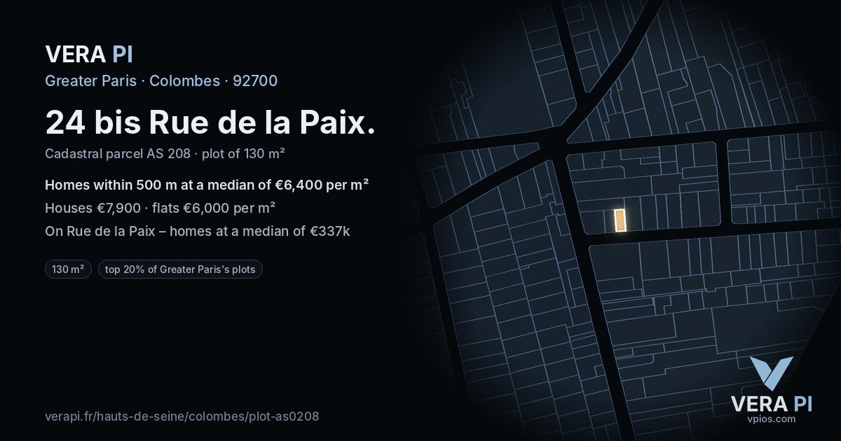 24 bis Rue de la Paix, Colombes at night – the plot lit, the parcels around coloured by the prices near them