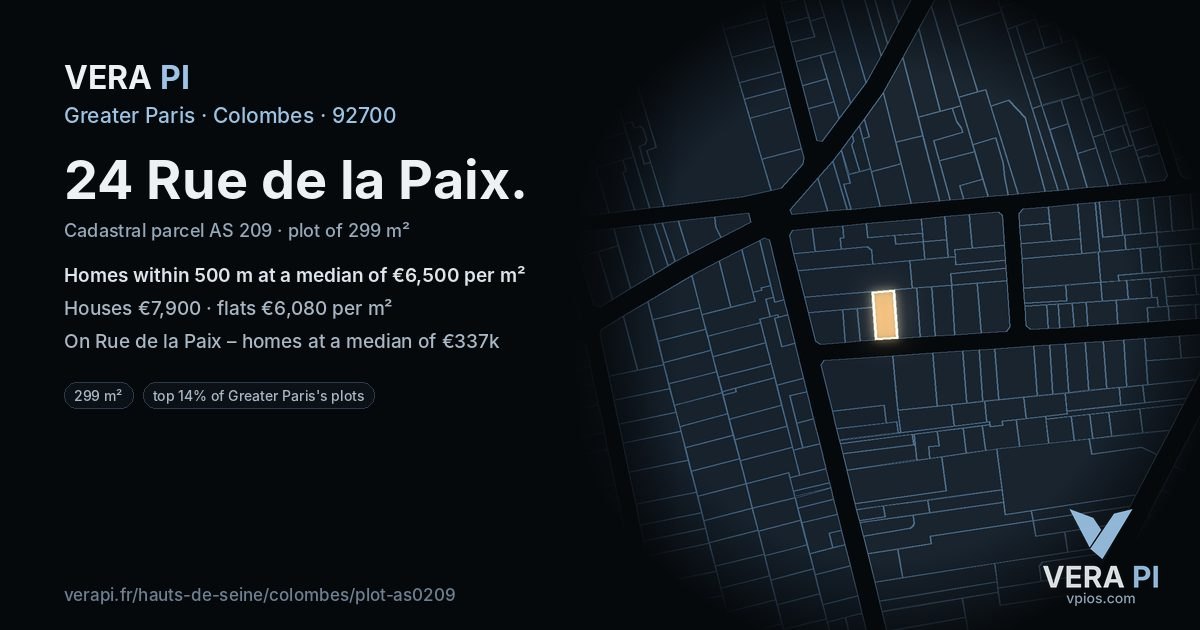 24 Rue de la Paix, Colombes at night – the plot lit, the parcels around coloured by the prices near them