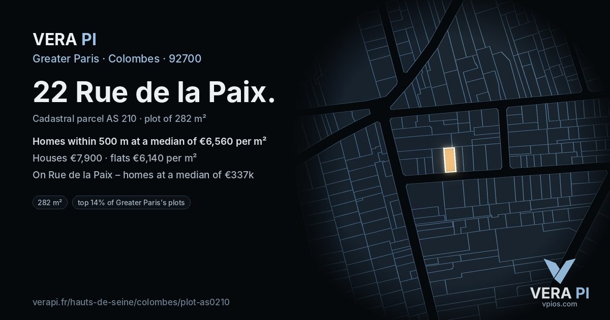 22 Rue de la Paix, Colombes at night – the plot lit, the parcels around coloured by the prices near them