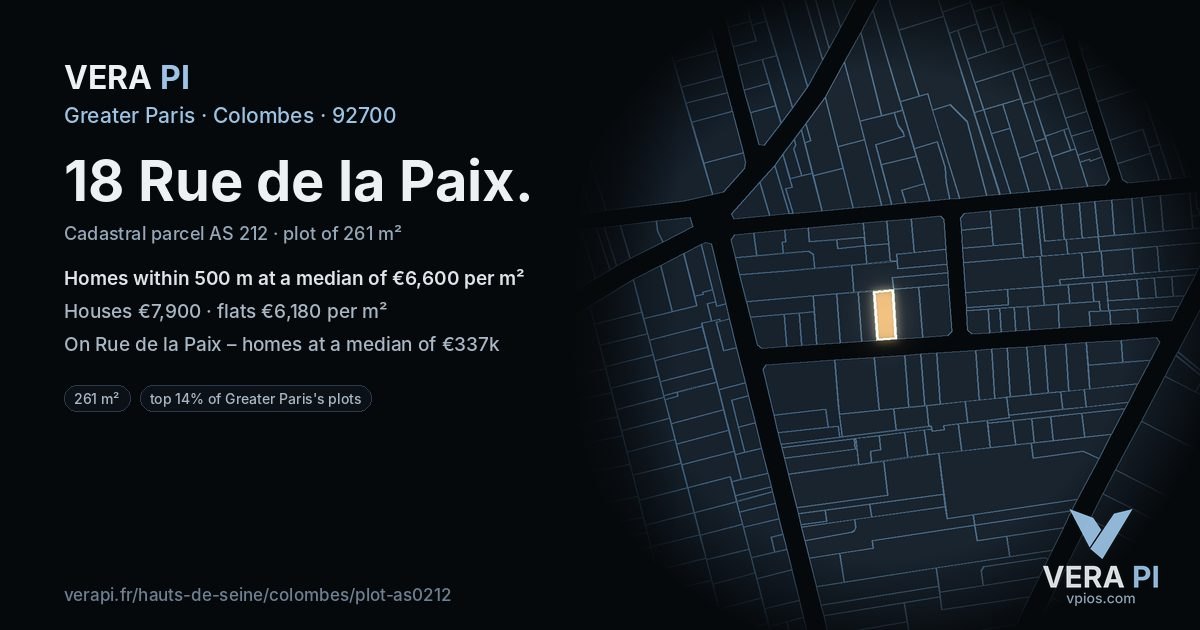 18 Rue de la Paix, Colombes at night – the plot lit, the parcels around coloured by the prices near them