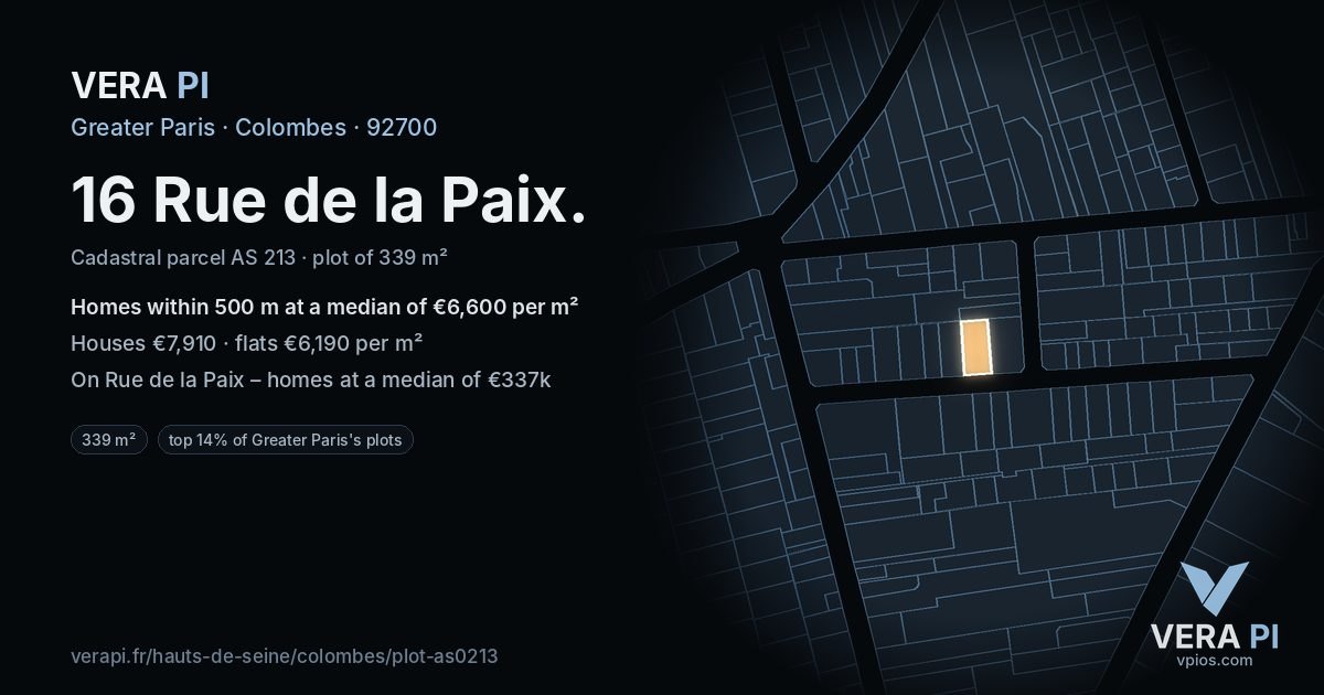 16 Rue de la Paix, Colombes at night – the plot lit, the parcels around coloured by the prices near them