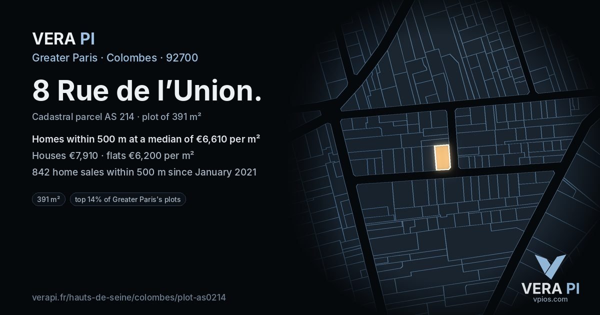 8 Rue de l’Union, Colombes at night – the plot lit, the parcels around coloured by the prices near them