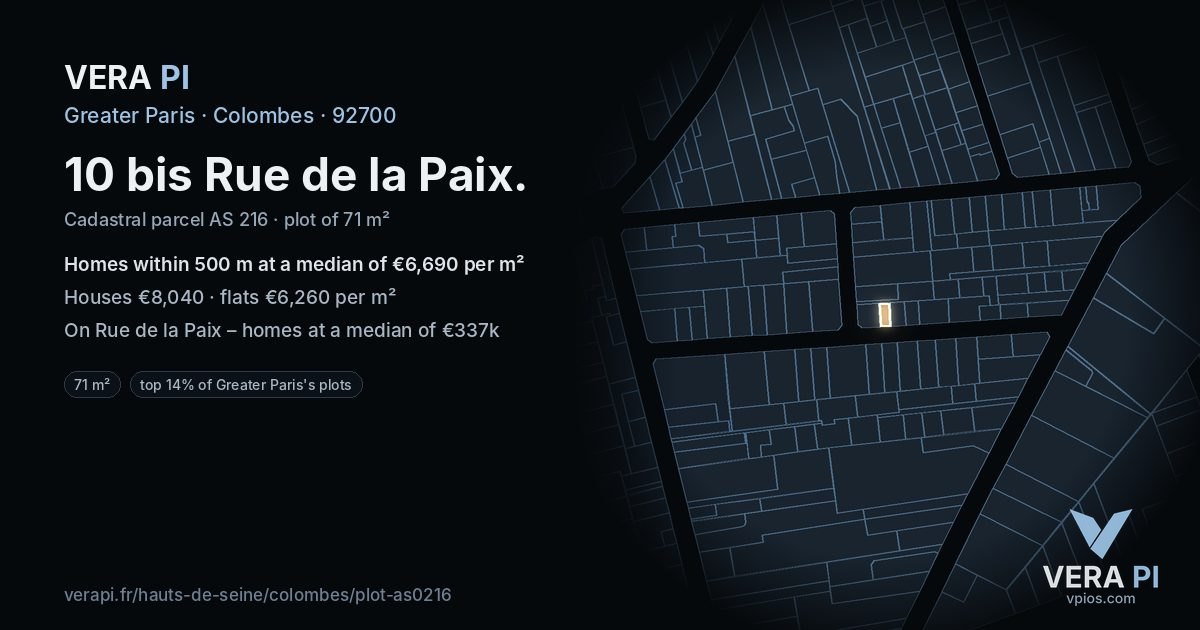 10 bis Rue de la Paix, Colombes at night – the plot lit, the parcels around coloured by the prices near them