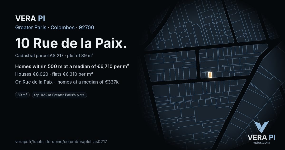 10 Rue de la Paix, Colombes at night – the plot lit, the parcels around coloured by the prices near them