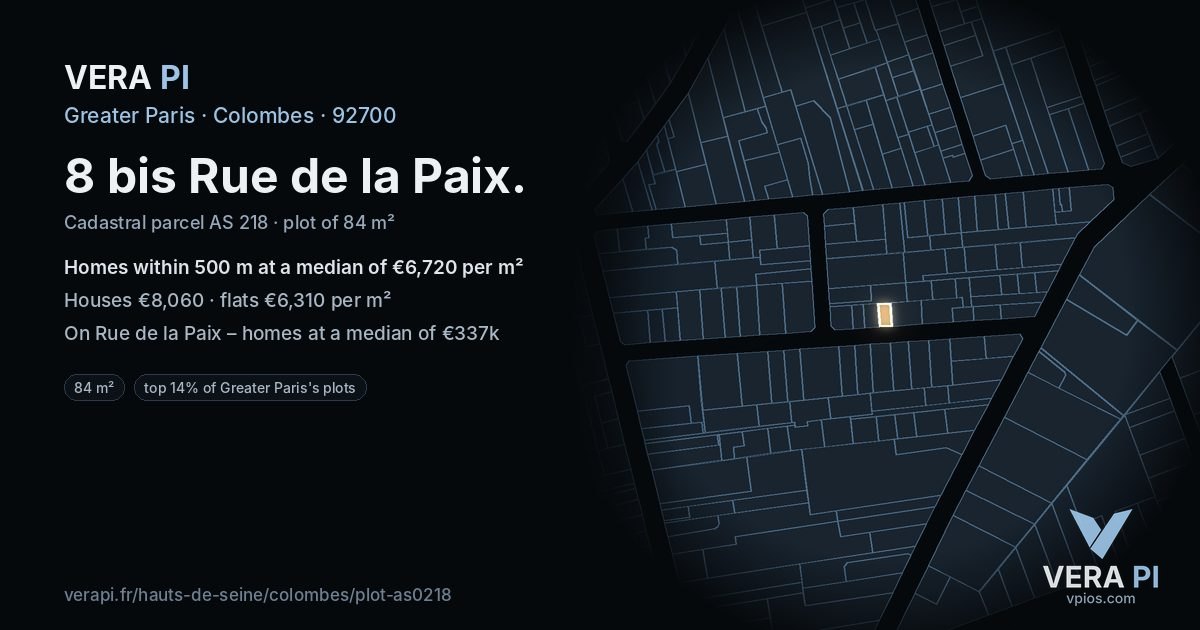 8 bis Rue de la Paix, Colombes at night – the plot lit, the parcels around coloured by the prices near them