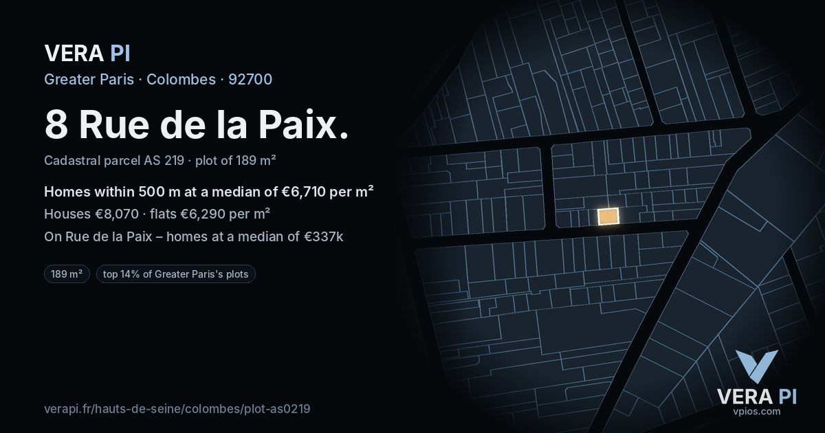 8 Rue de la Paix, Colombes at night – the plot lit, the parcels around coloured by the prices near them