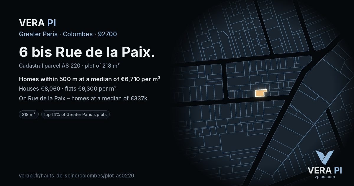 6 bis Rue de la Paix, Colombes at night – the plot lit, the parcels around coloured by the prices near them