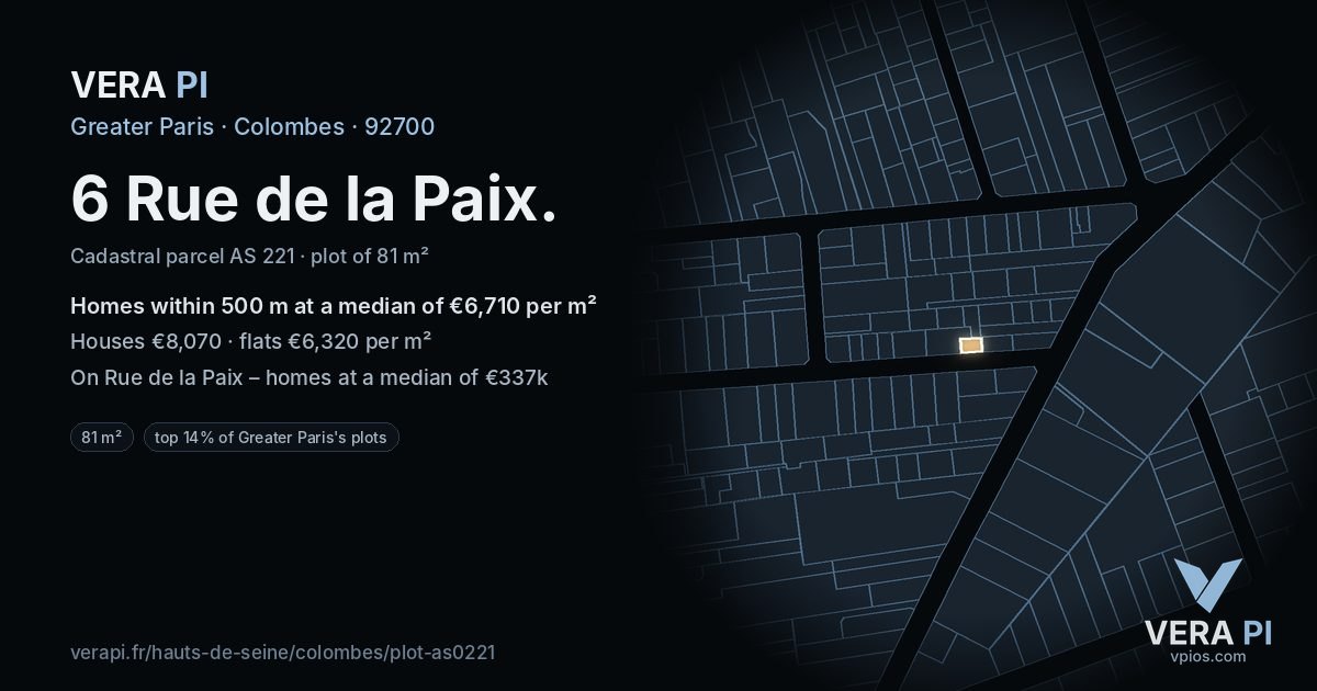 6 Rue de la Paix, Colombes at night – the plot lit, the parcels around coloured by the prices near them