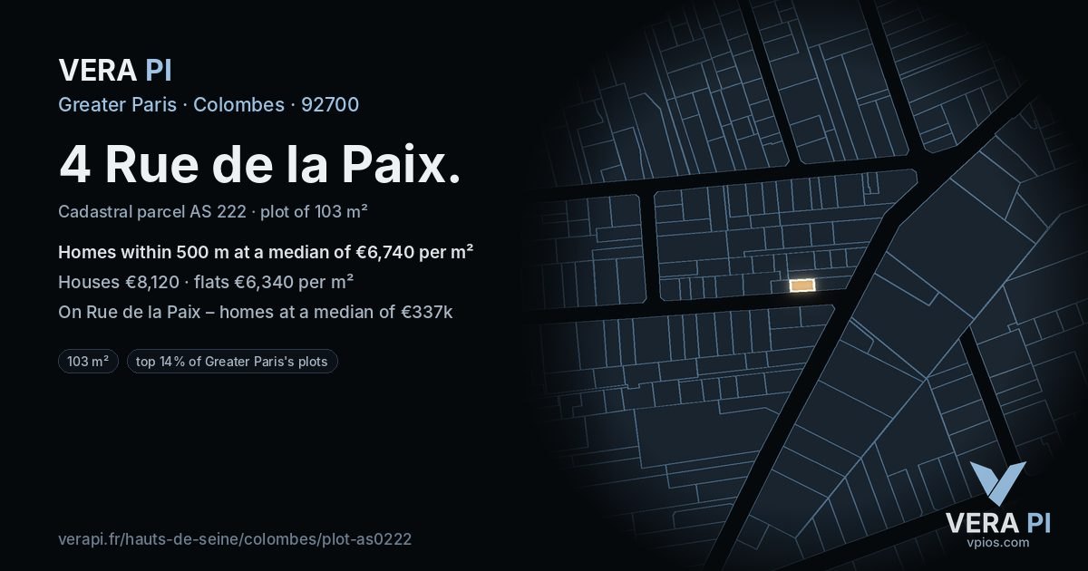 4 Rue de la Paix, Colombes at night – the plot lit, the parcels around coloured by the prices near them
