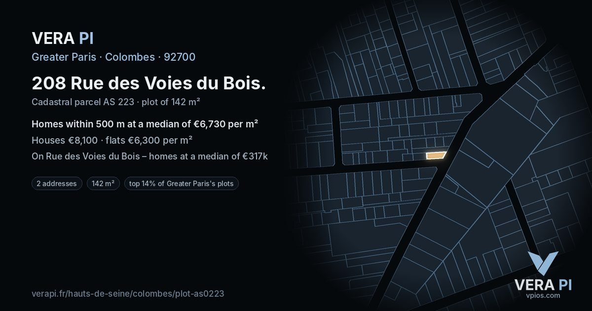 208 Rue des Voies du Bois, Colombes at night – the plot lit, the parcels around coloured by the prices near them
