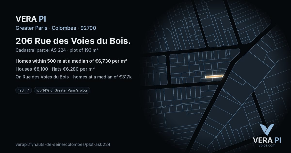206 Rue des Voies du Bois, Colombes at night – the plot lit, the parcels around coloured by the prices near them