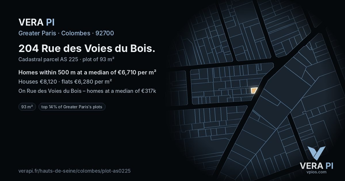 204 Rue des Voies du Bois, Colombes at night – the plot lit, the parcels around coloured by the prices near them