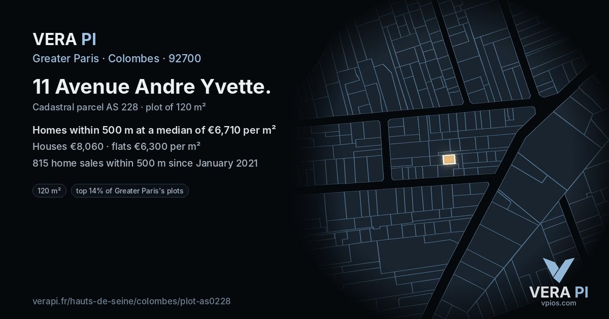 11 Avenue Andre Yvette, Colombes at night – the plot lit, the parcels around coloured by the prices near them