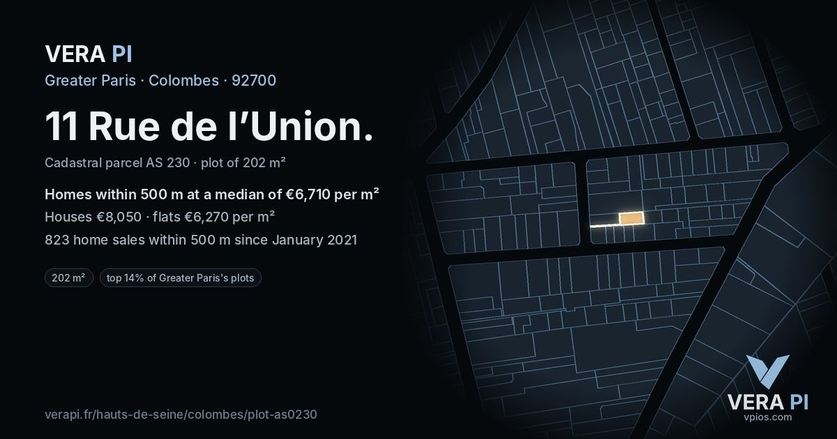 11 Rue de l’Union, Colombes at night – the plot lit, the parcels around coloured by the prices near them