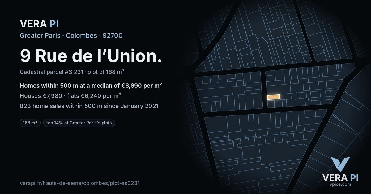 9 Rue de l’Union, Colombes at night – the plot lit, the parcels around coloured by the prices near them