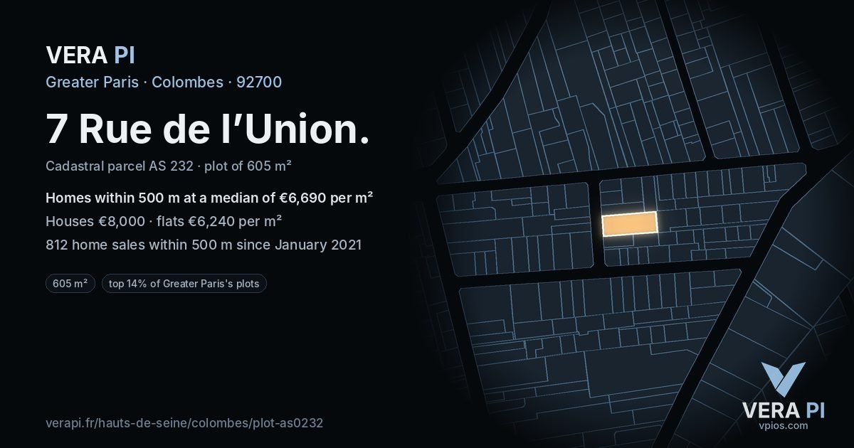 7 Rue de l’Union, Colombes at night – the plot lit, the parcels around coloured by the prices near them