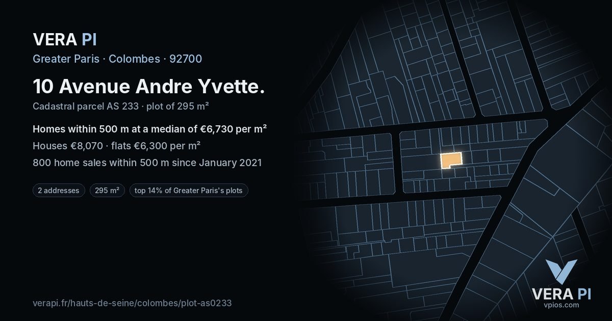 10 Avenue Andre Yvette, Colombes at night – the plot lit, the parcels around coloured by the prices near them