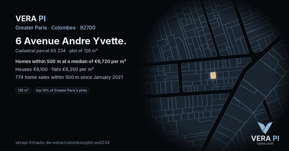 6 Avenue Andre Yvette, Colombes at night – the plot lit, the parcels around coloured by the prices near them