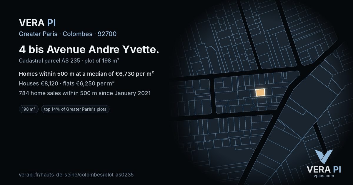 4 bis Avenue Andre Yvette, Colombes at night – the plot lit, the parcels around coloured by the prices near them