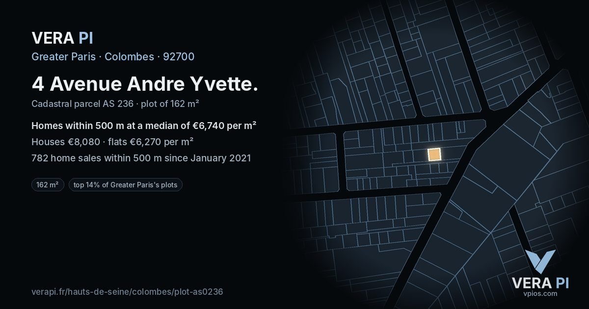 4 Avenue Andre Yvette, Colombes at night – the plot lit, the parcels around coloured by the prices near them