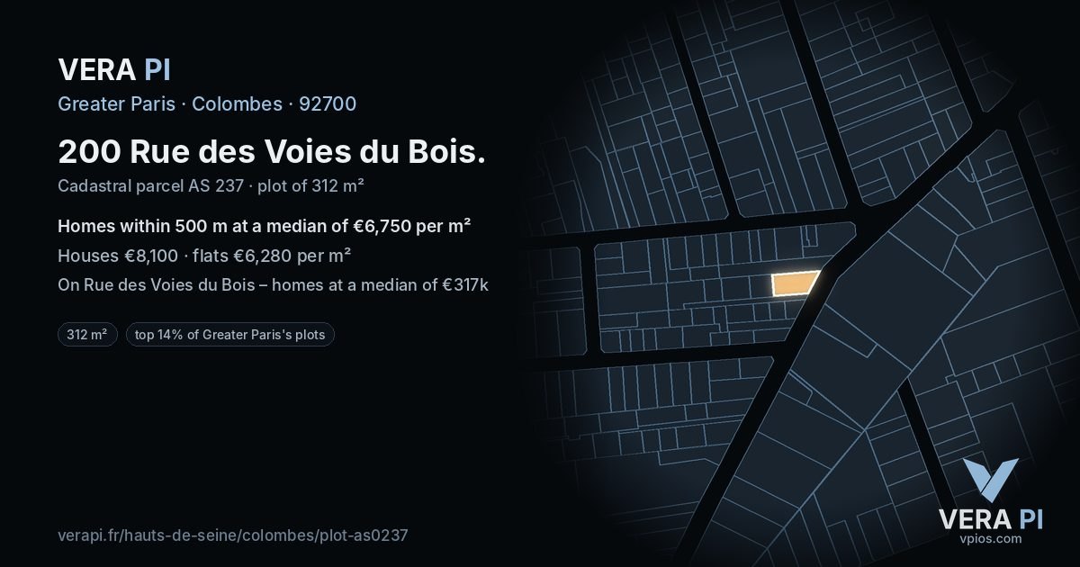 200 Rue des Voies du Bois, Colombes at night – the plot lit, the parcels around coloured by the prices near them