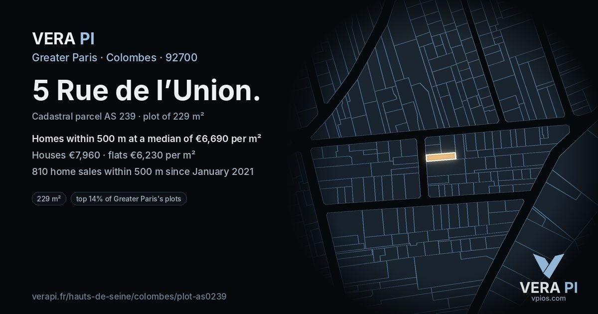 5 Rue de l’Union, Colombes at night – the plot lit, the parcels around coloured by the prices near them