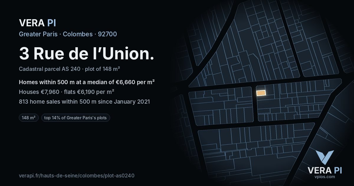 3 Rue de l’Union, Colombes at night – the plot lit, the parcels around coloured by the prices near them