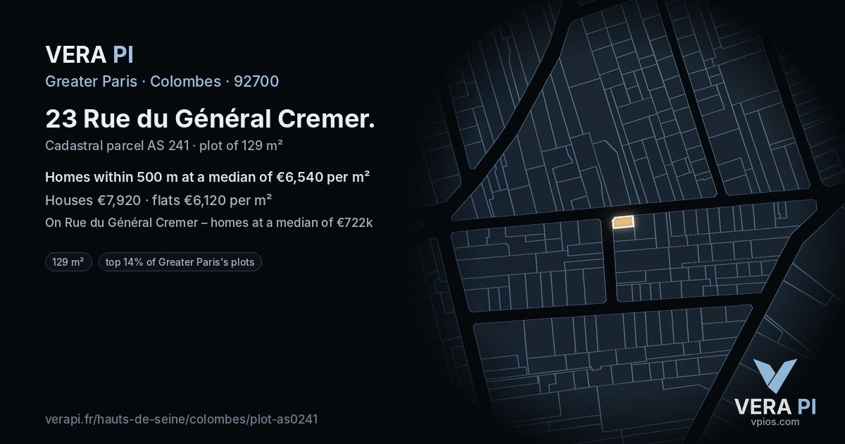23 Rue du Général Cremer, Colombes at night – the plot lit, the parcels around coloured by the prices near them